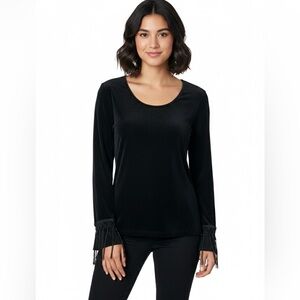 ARTEX Black Slinky Knit Scoop Neck Top with Crochet Fringe Sleeve Detail Sz L